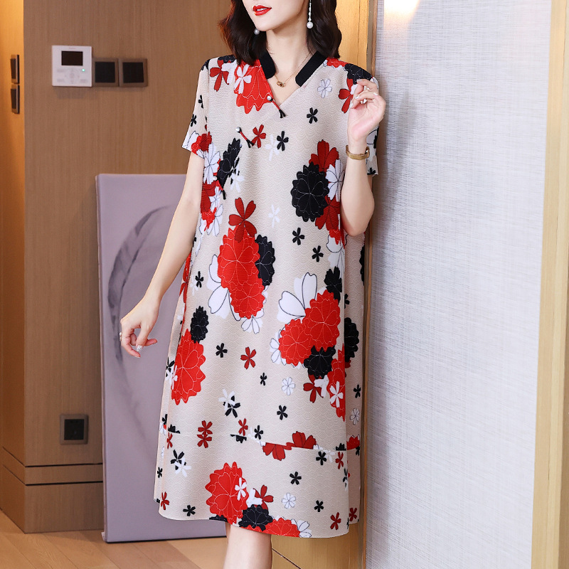 Printing temperament slim short sleeve red dress for women
