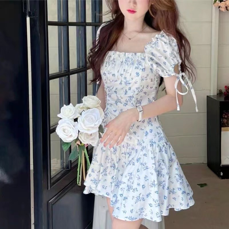 Puff sleeve slim dress floral square collar T-back