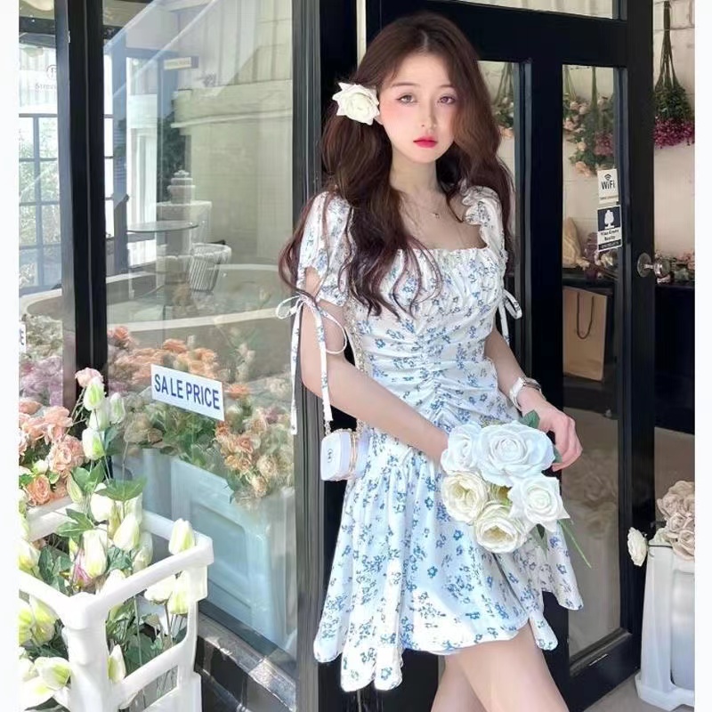 Puff sleeve slim dress floral square collar T-back