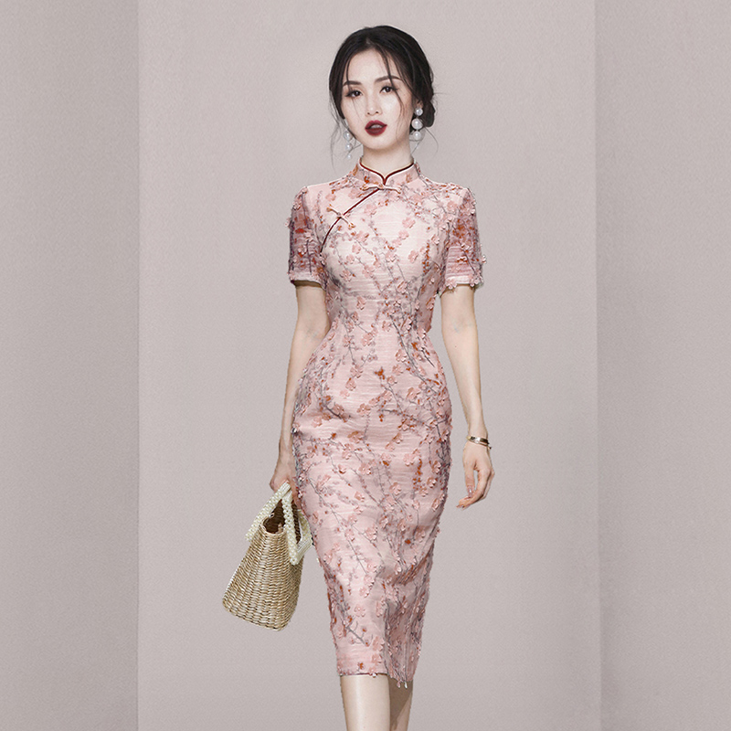Slim apricot cheongsam summer dress for women