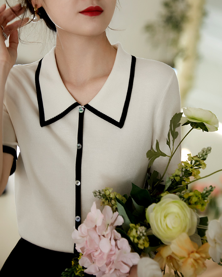 Lapel silk cotton black-white fashion and elegant tops