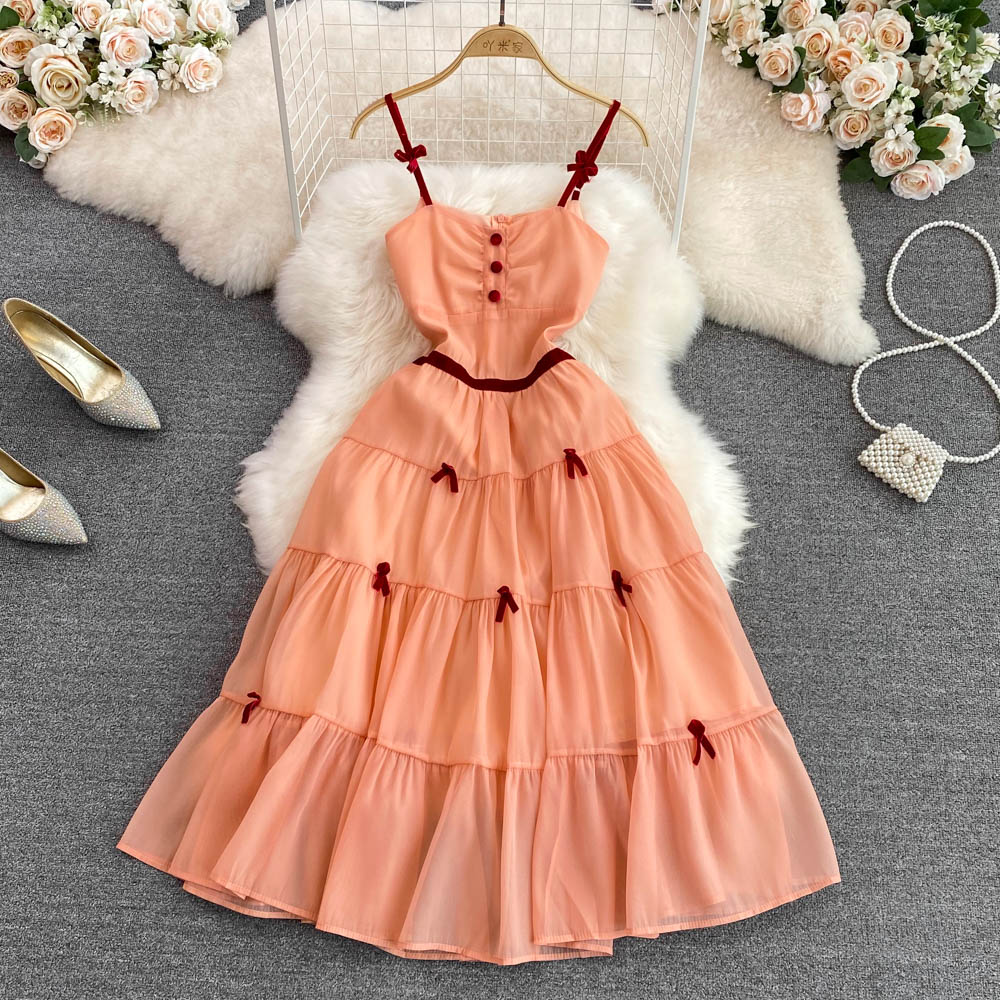 Wrapped chest pinched waist strap dress summer bow dress