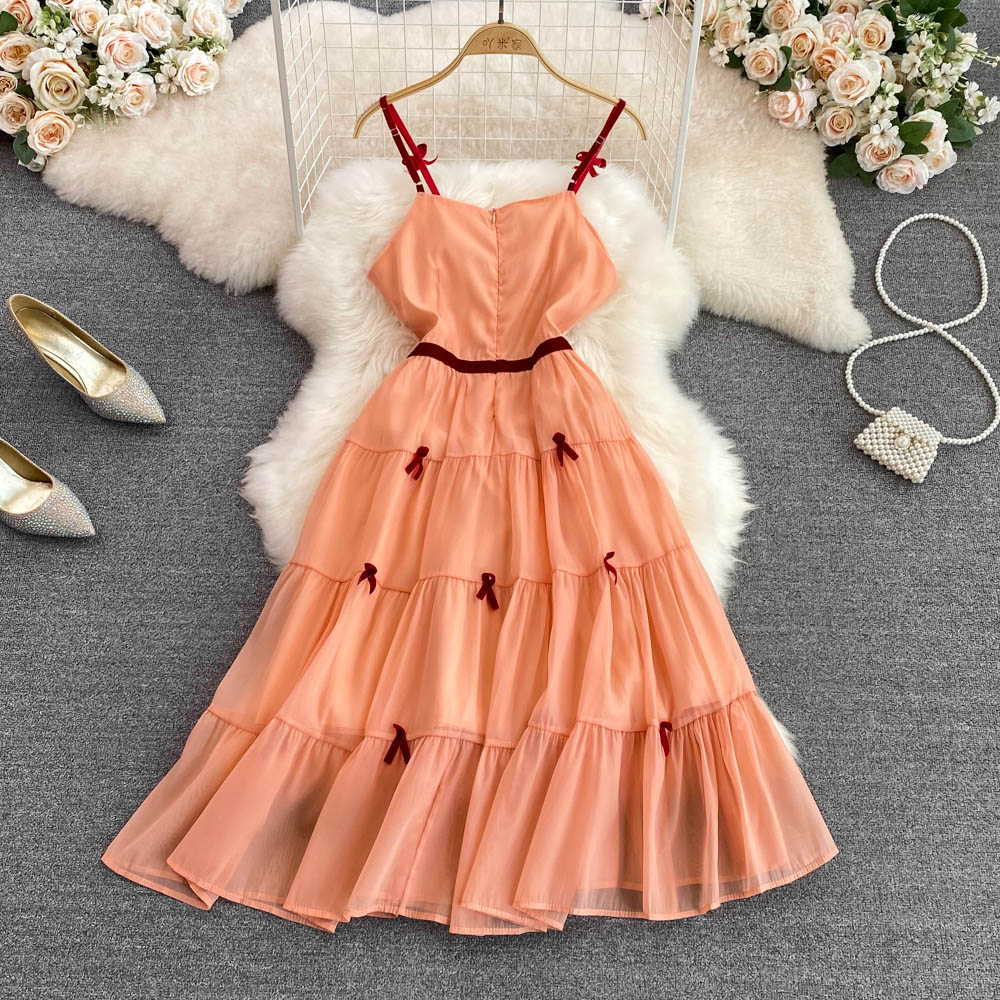 Wrapped chest pinched waist strap dress summer bow dress