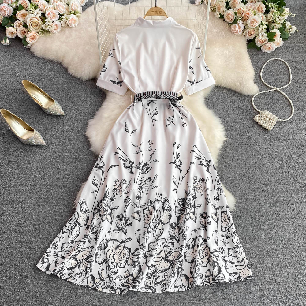 Light lapel elegant long dress printing summer big skirt dress