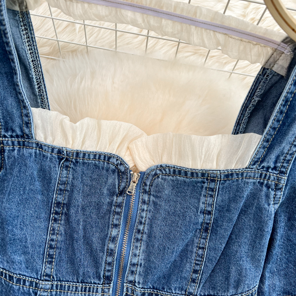 Summer short denim zip tops slim navel bubble shirt for women