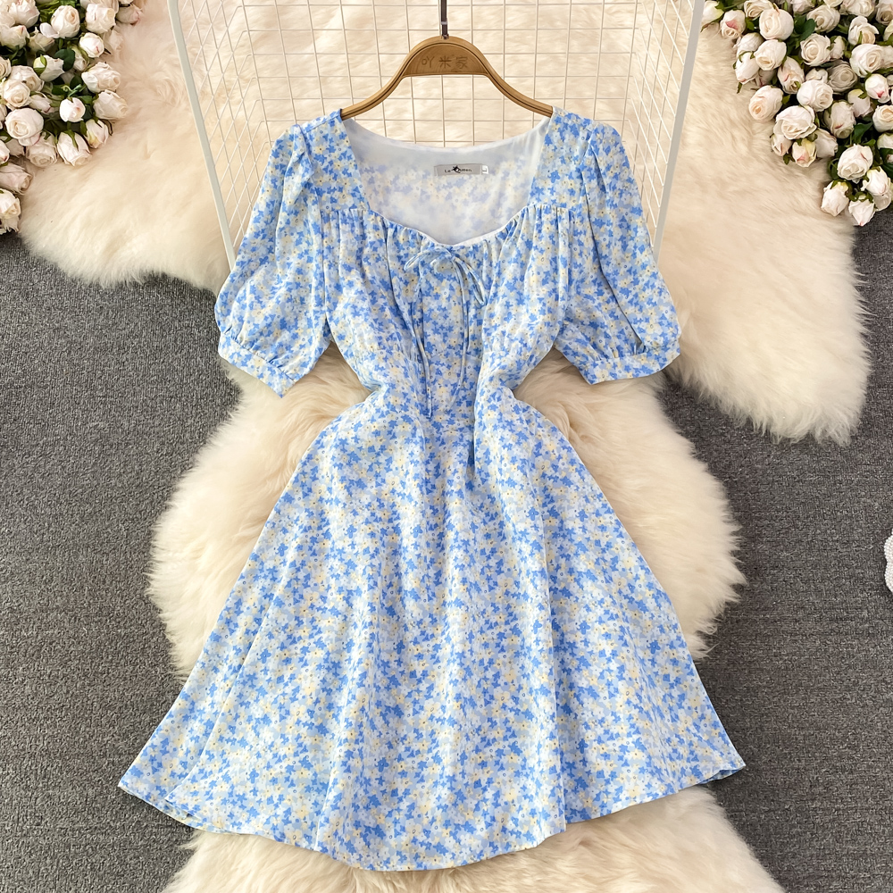 Puff sleeve summer floral pinched waist square collar dress