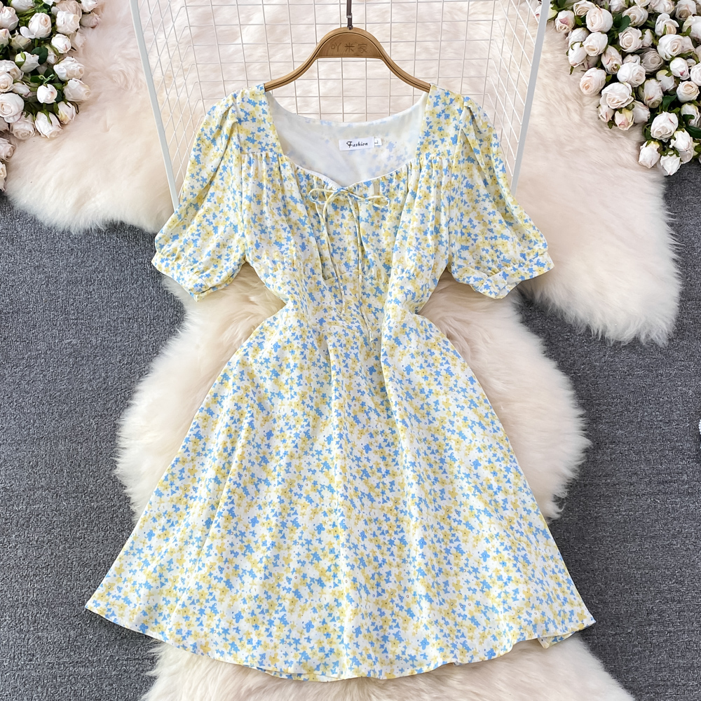 Puff sleeve summer floral pinched waist square collar dress