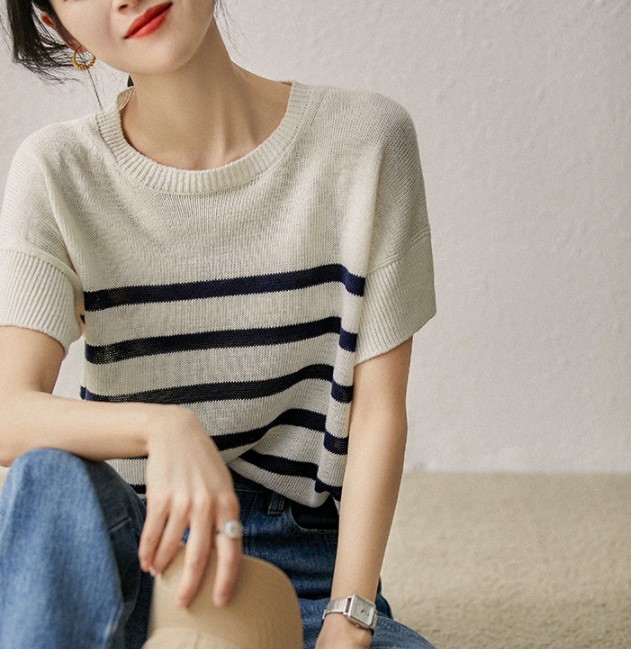 Round neck flax short sleeve stripe pullover sweater