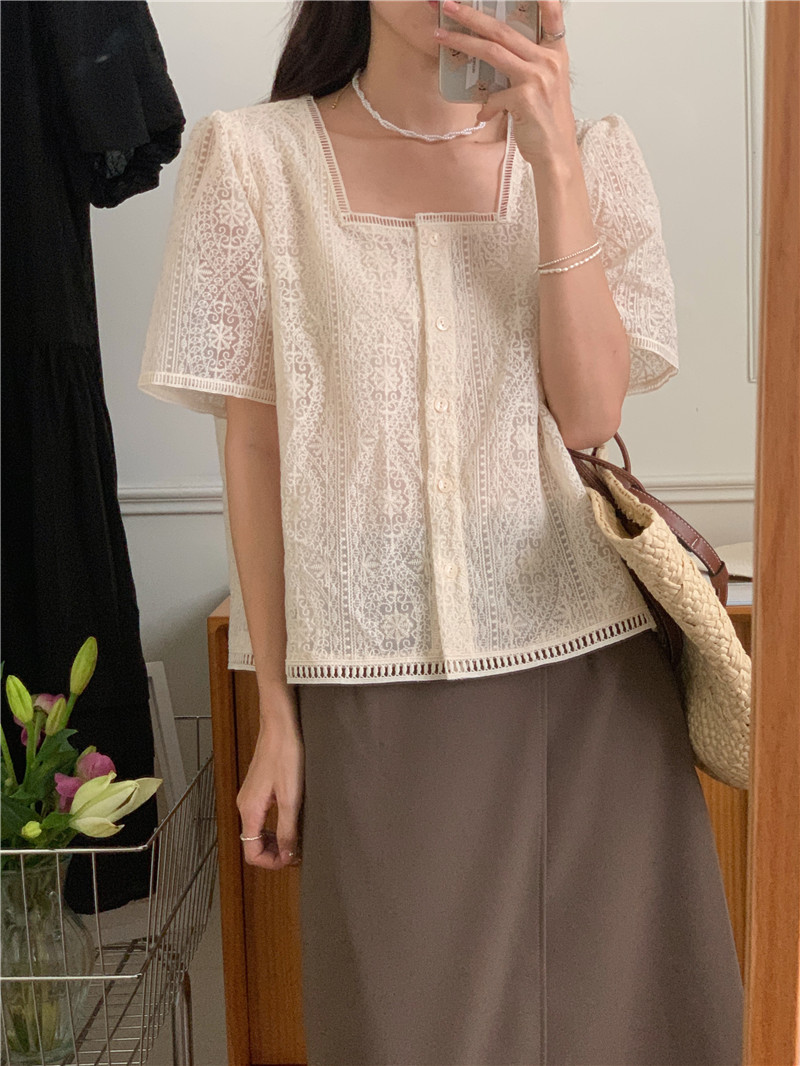 Embroidery square collar Korean style fine shirt