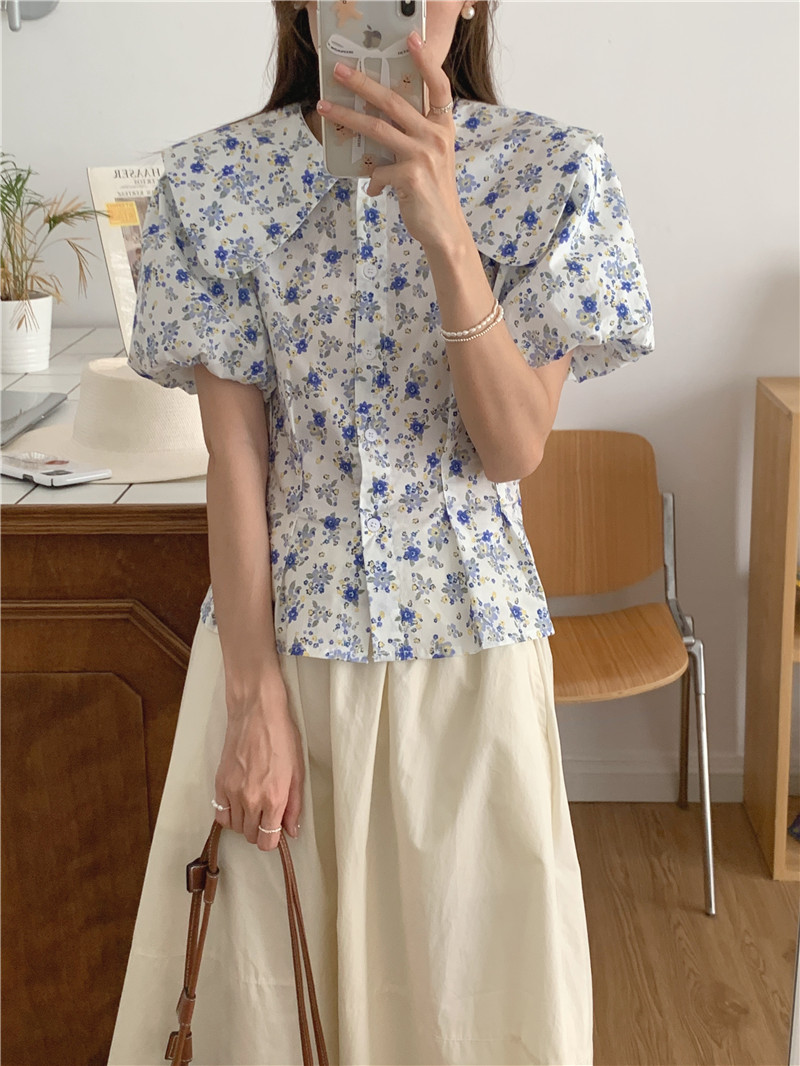 Pinched waist floral lapel refreshing shirt