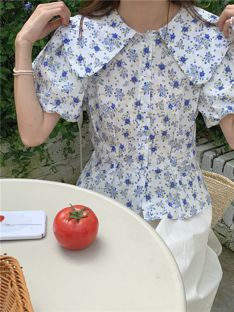 Pinched waist floral lapel refreshing shirt