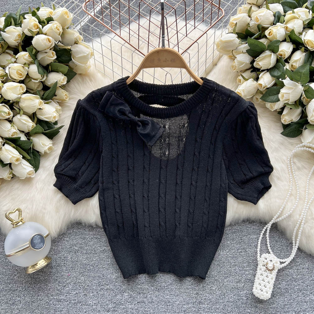 All-match short tops puff sleeve refreshing sweater for women