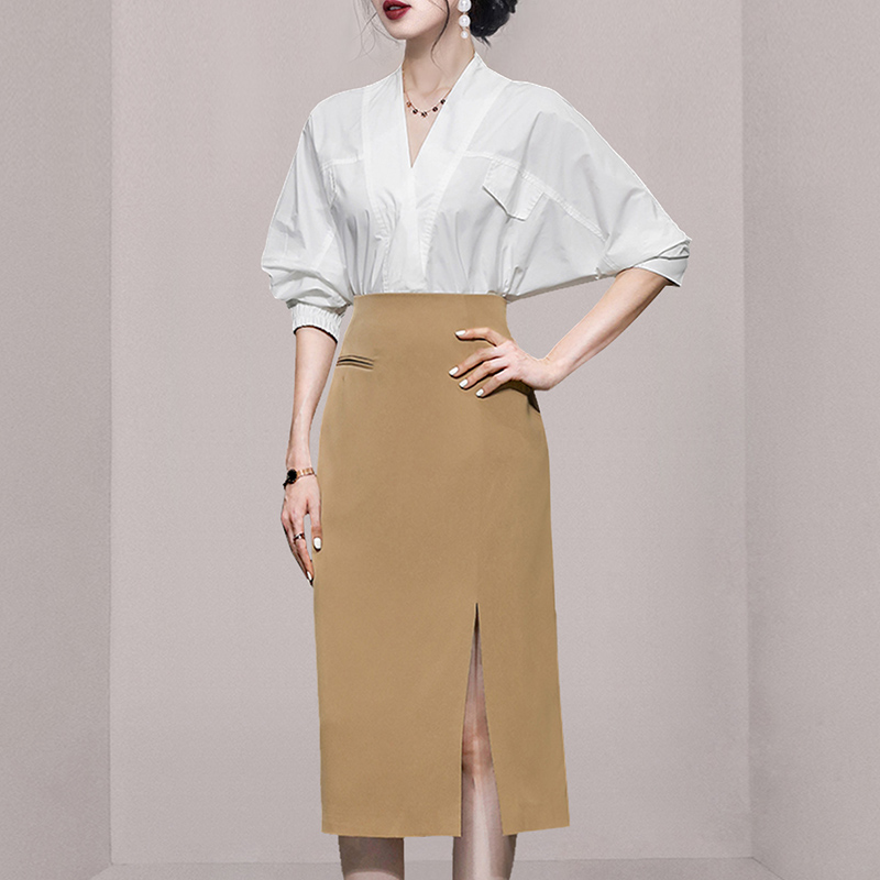 Bat sleeve high waist light tops slim summer short skirt 2pcs set