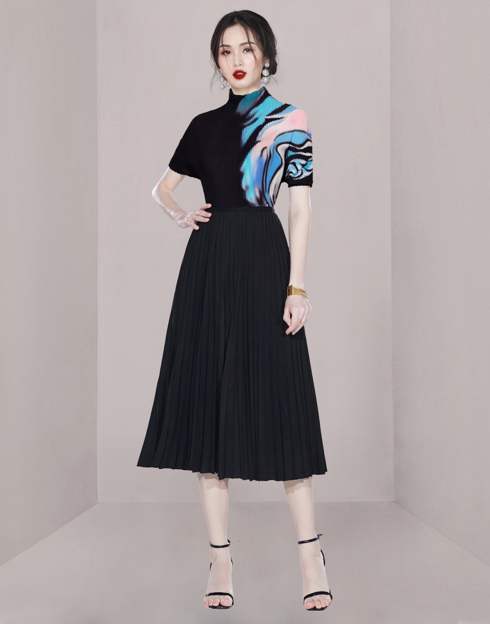 Fashion printing long skirt slim folds T-shirt