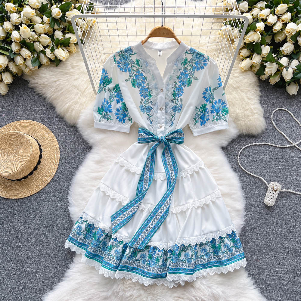 Printing summer European style pinched waist dress for women