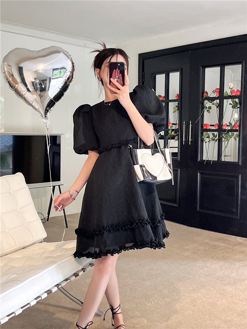 Hollow retro France style summer puff sleeve loose dress