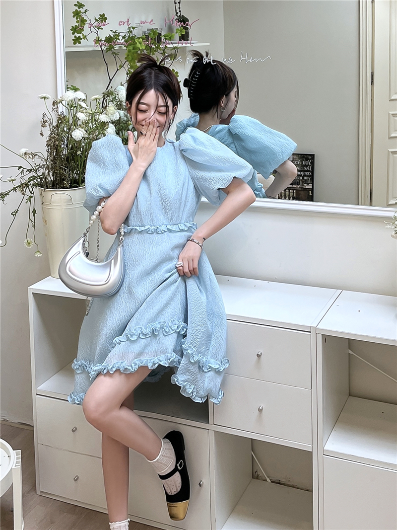 Hollow retro France style summer puff sleeve loose dress