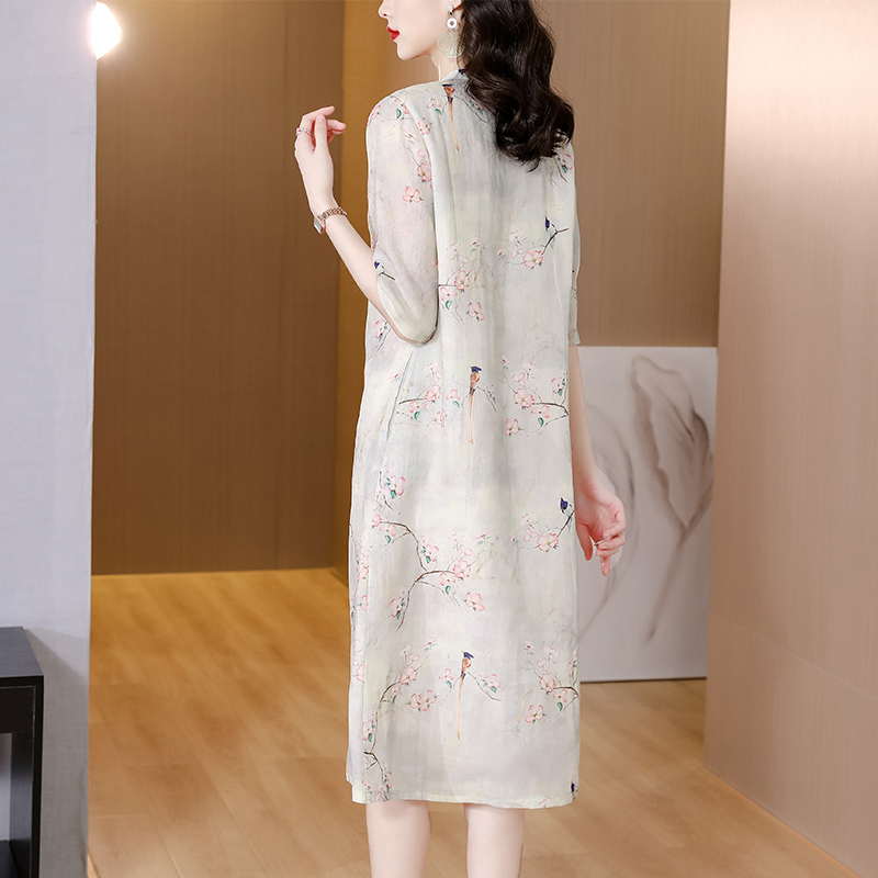Summer Chinese style cotton linen cheongsam printing retro dress