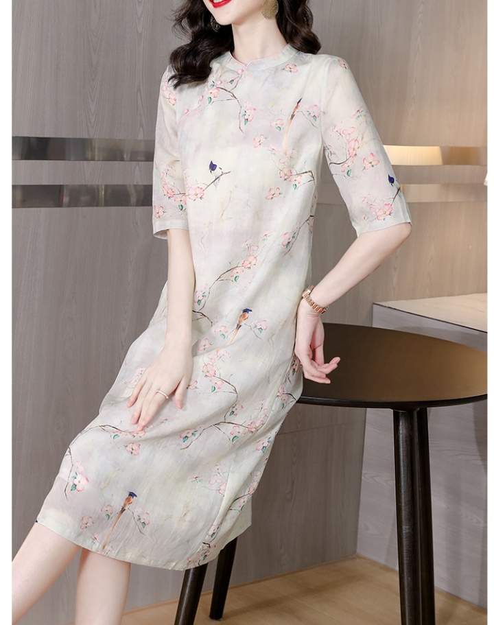 Summer Chinese style cotton linen cheongsam printing retro dress