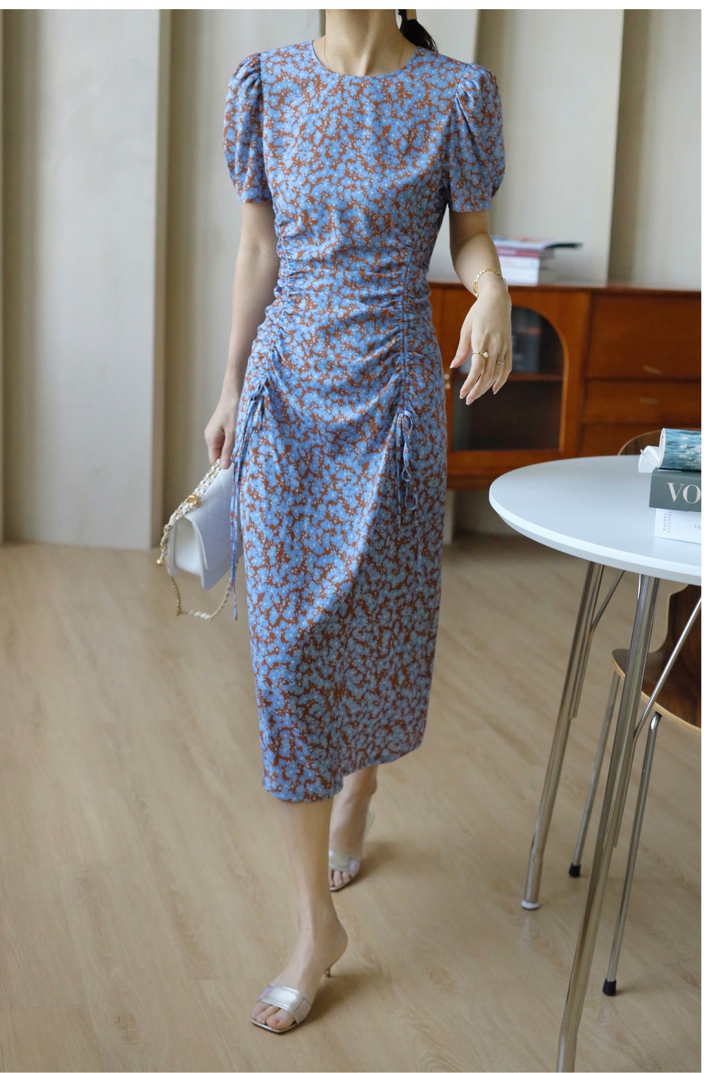 Drawstring long dress puff sleeve dress for women