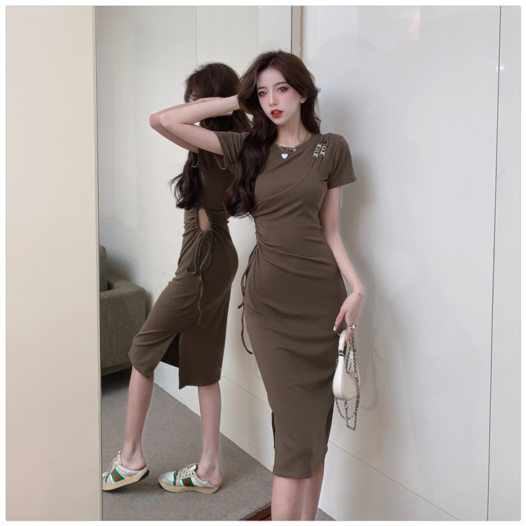 Show thin metal buckles Pseudo-two dress for women