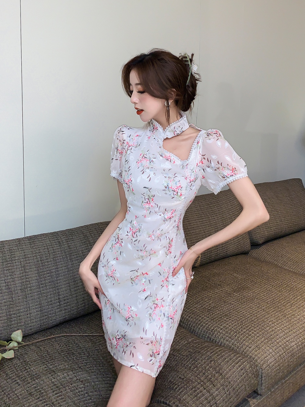 Short sleeve pinched waist silk cheongsam hollow retro dress