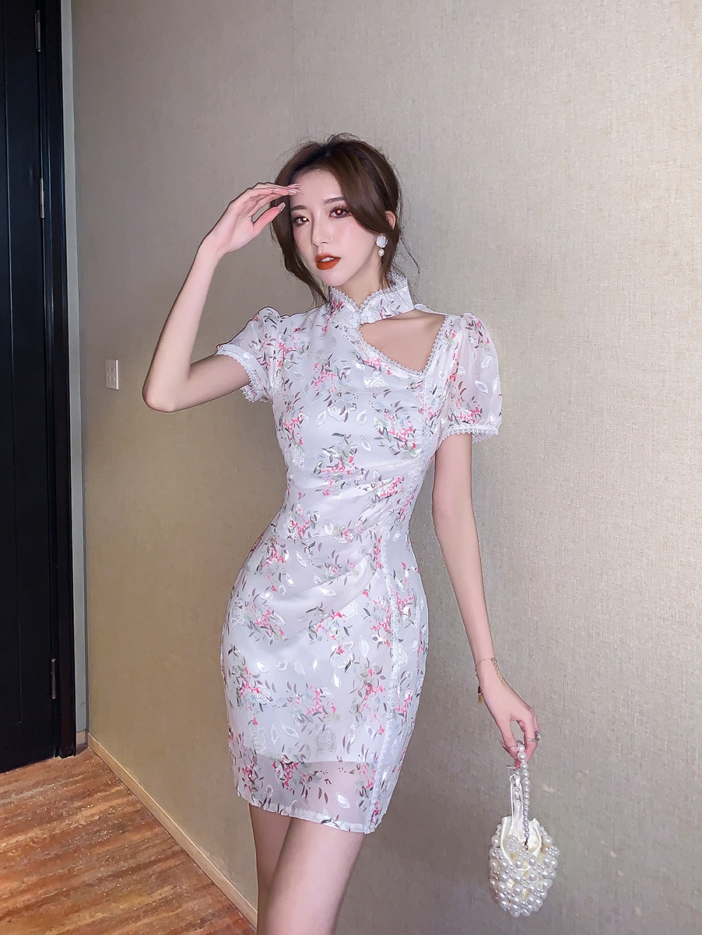 Short sleeve pinched waist silk cheongsam hollow retro dress