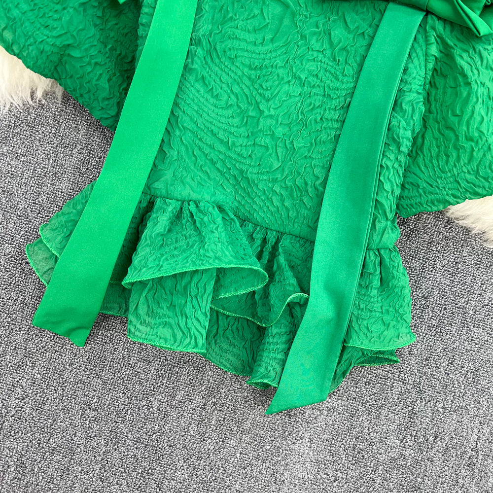 Puff sleeve bow shirt lotus leaf edges Western style tops