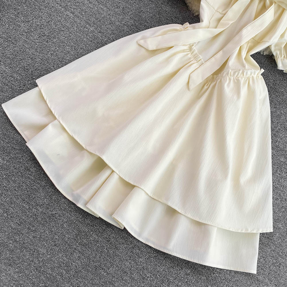 Pinched waist bow bubble fold maiden sweet dress