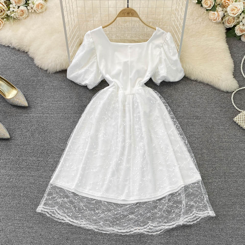 France style summer bow splice fashion square collar dress