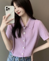 Fold short sleeve shirt pearl buckle purple tops for women
