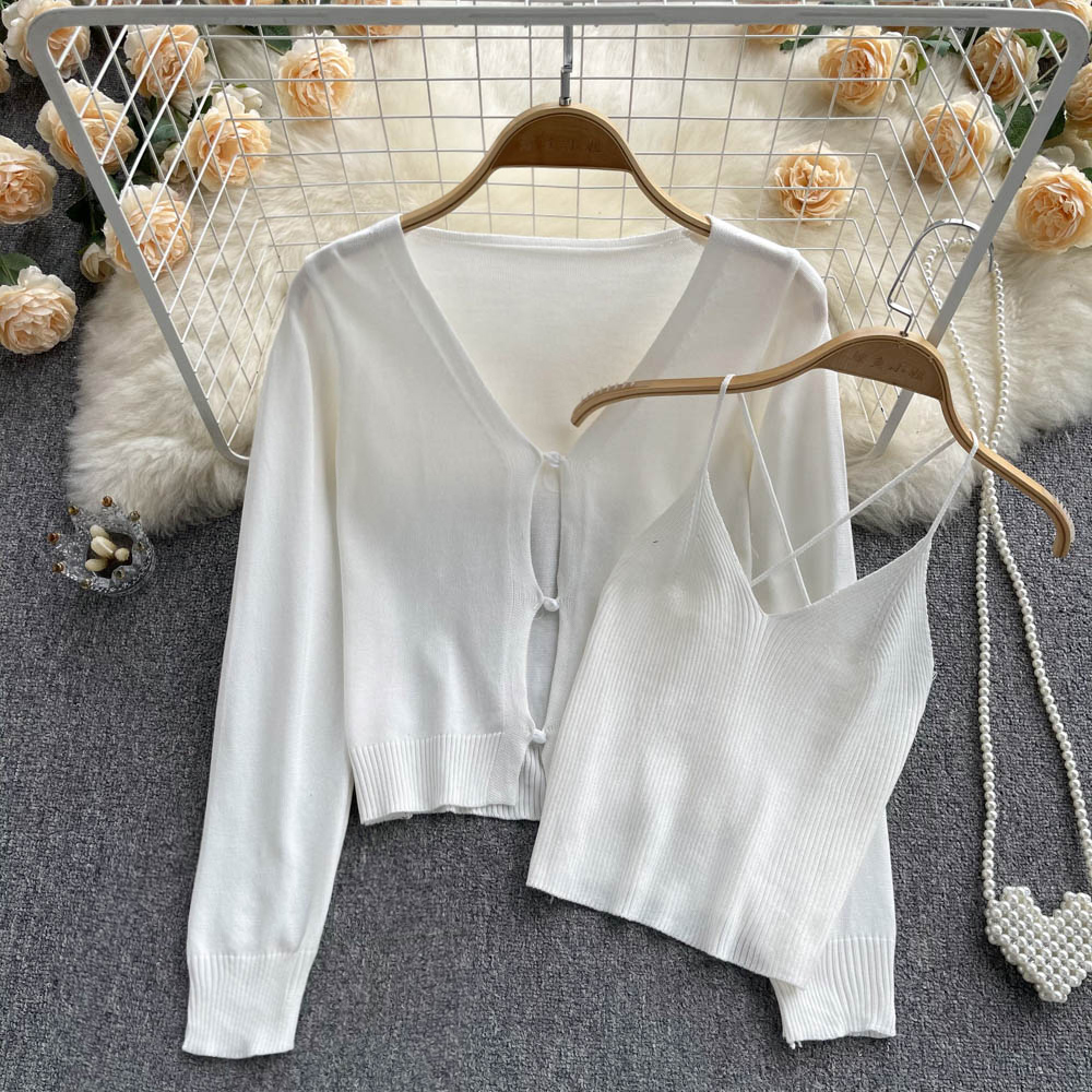 Western style small sling knitted cardigan 2pcs set