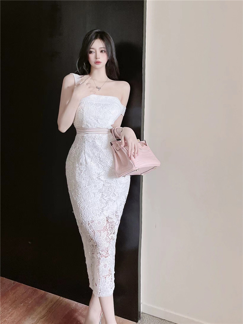 Sling halter slim long wrapped chest lace hollow dress