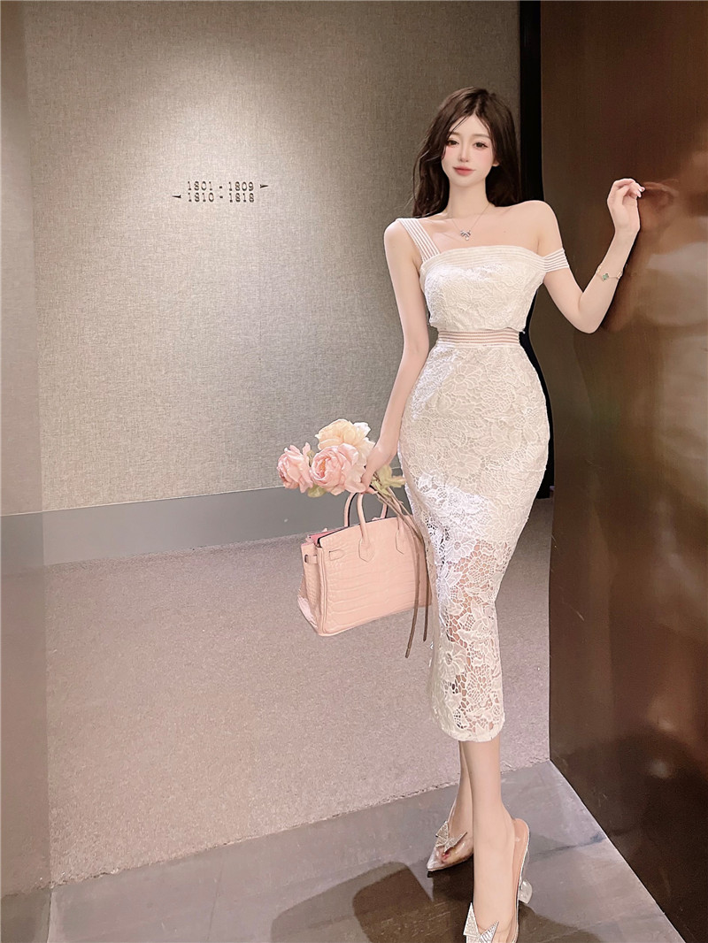 Sling halter slim long wrapped chest lace hollow dress