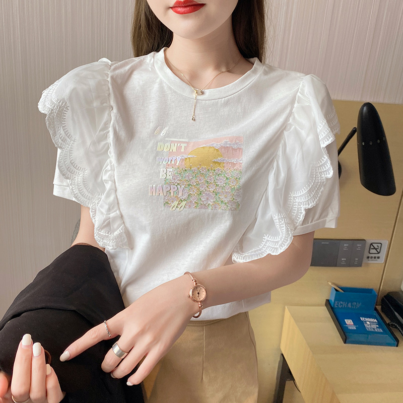 Printing puff sleeve T-shirt summer unique tops for women
