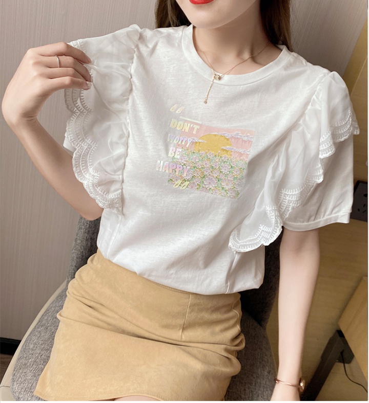 Printing puff sleeve T-shirt summer unique tops for women