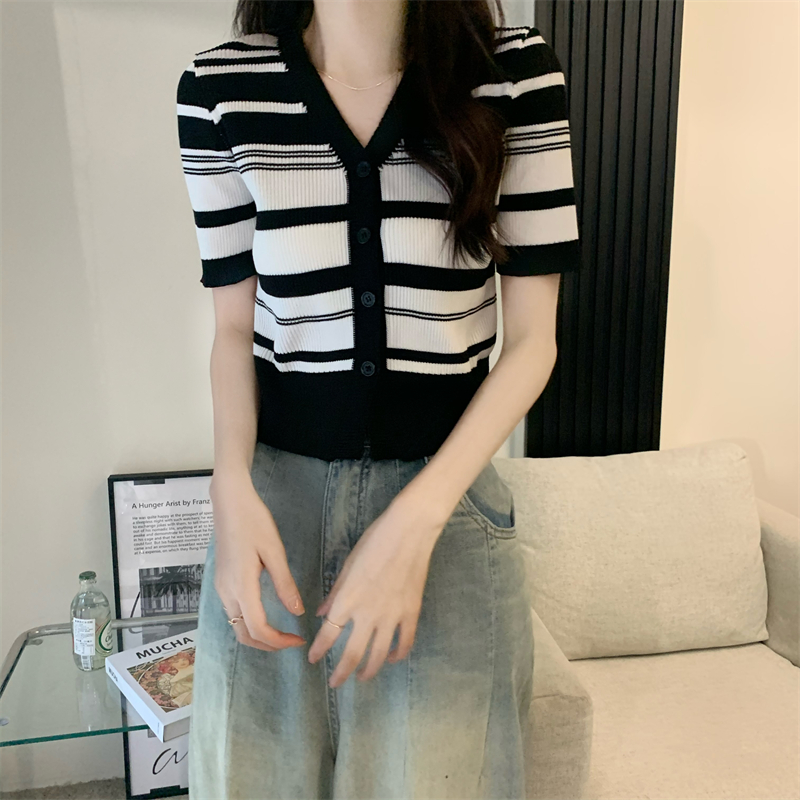 V-neck short sleeve slim cardigan stripe retro knitted tops