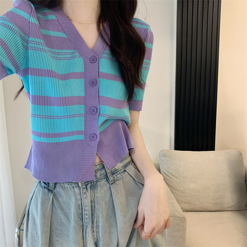 V-neck short sleeve slim cardigan stripe retro knitted tops