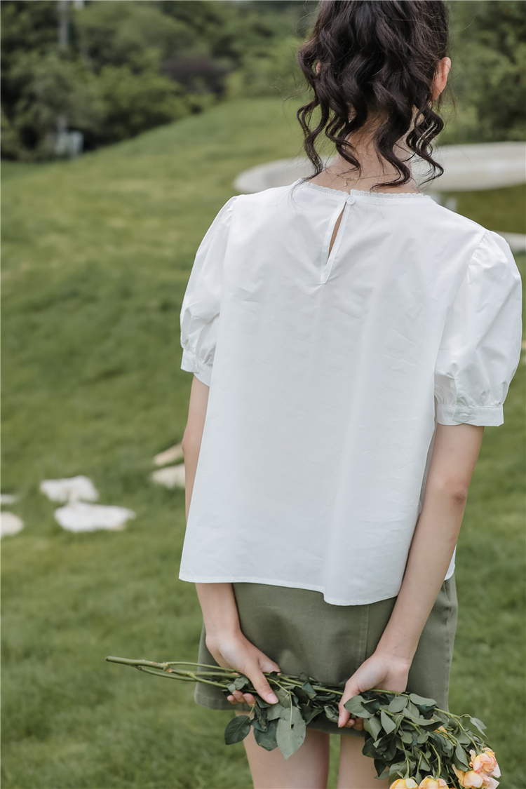 Embroidery round neck shirt lace short sleeve tops for women