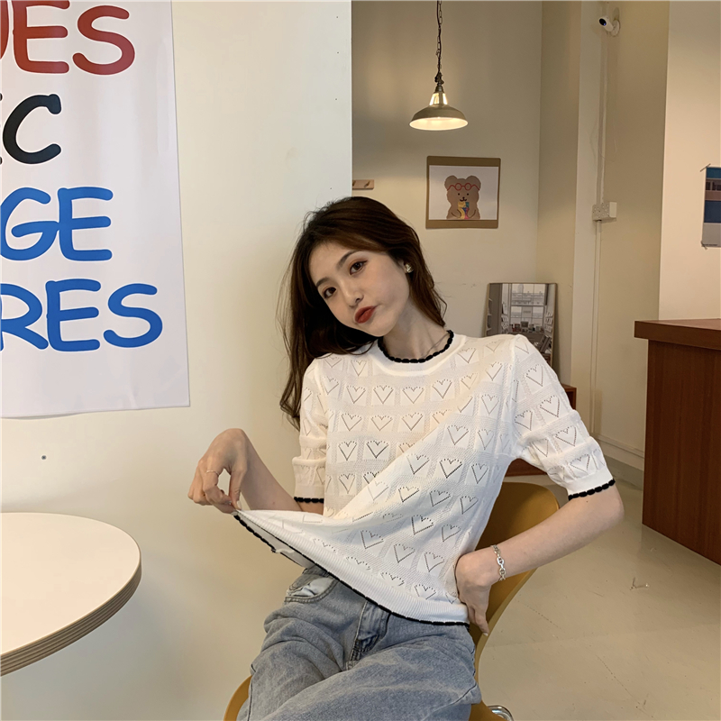 Round neck hollow tops mixed colors T-shirt