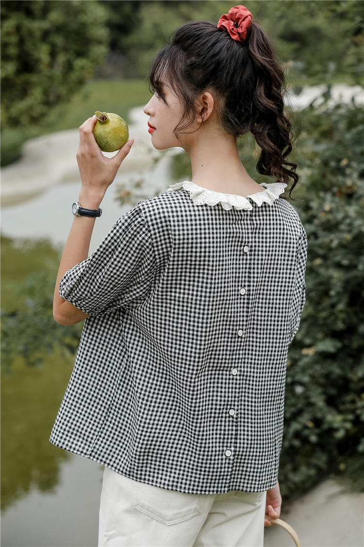 Summer art Japanese style shirt buckle puff sleeve plaid tops
