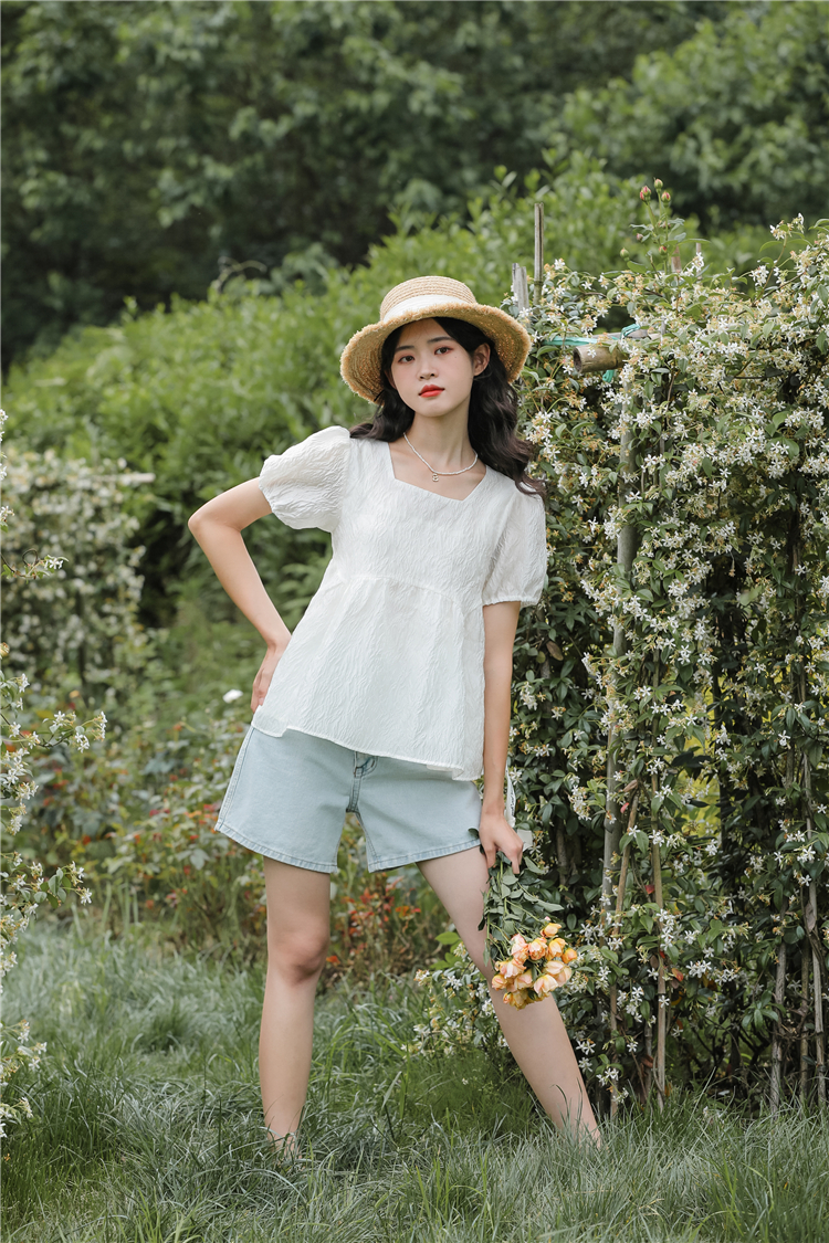 Short sleeve square collar doll shirt puff sleeve tops for women