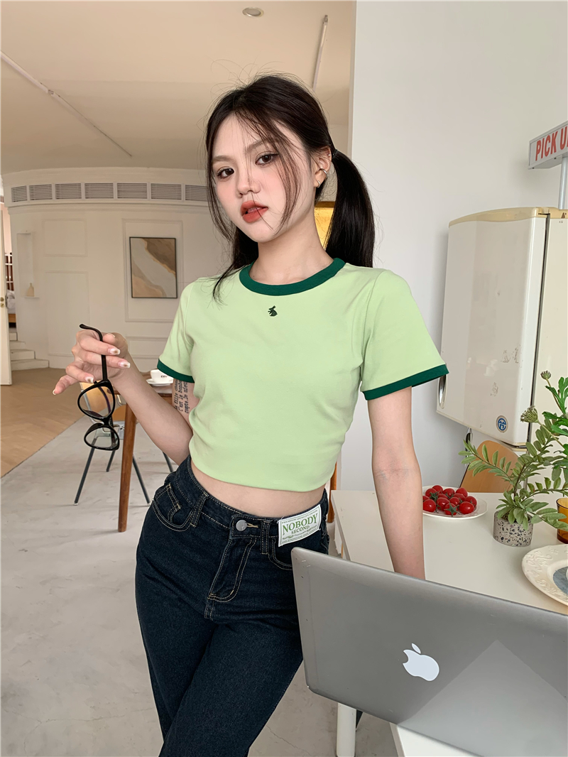 All-match short sleeve mixed colors embroidery T-shirt