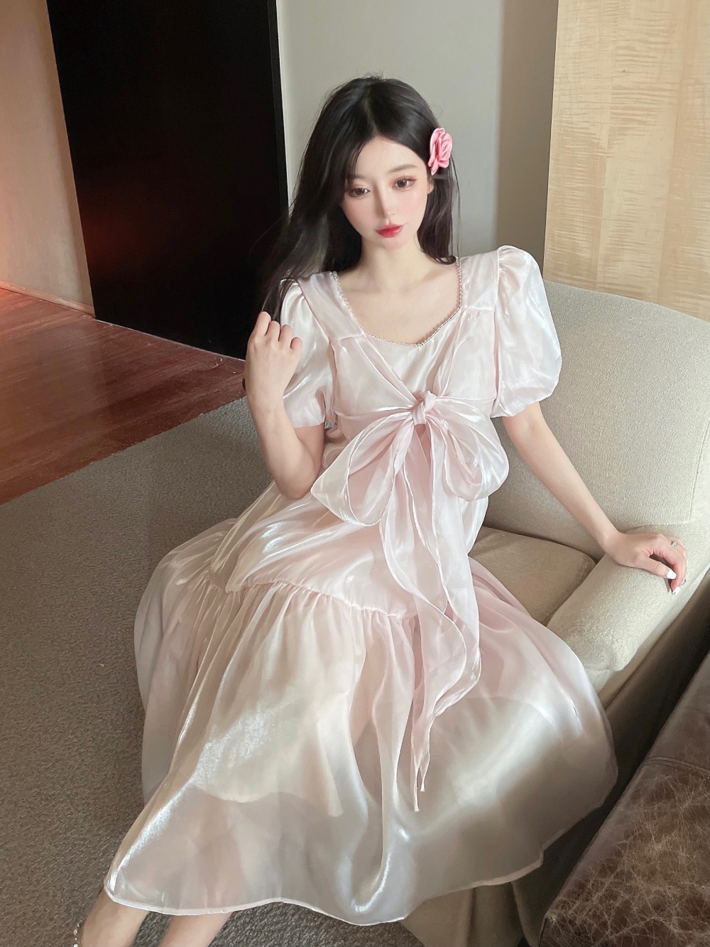 France style pink loose bow long beautiful summer dress