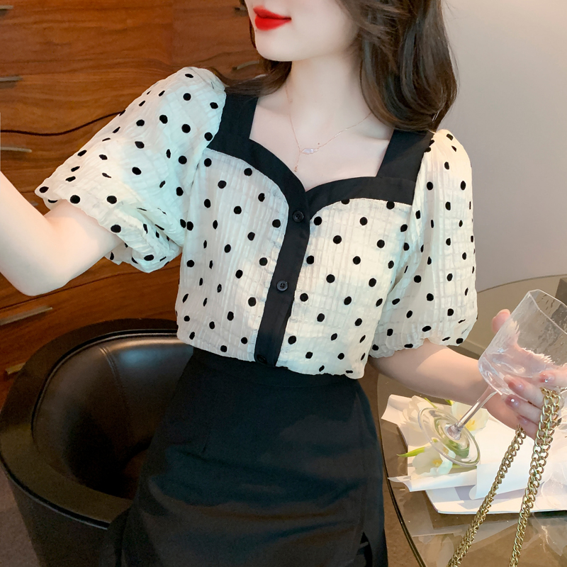 Polka dot puff sleeve tops fashion and elegant shirt