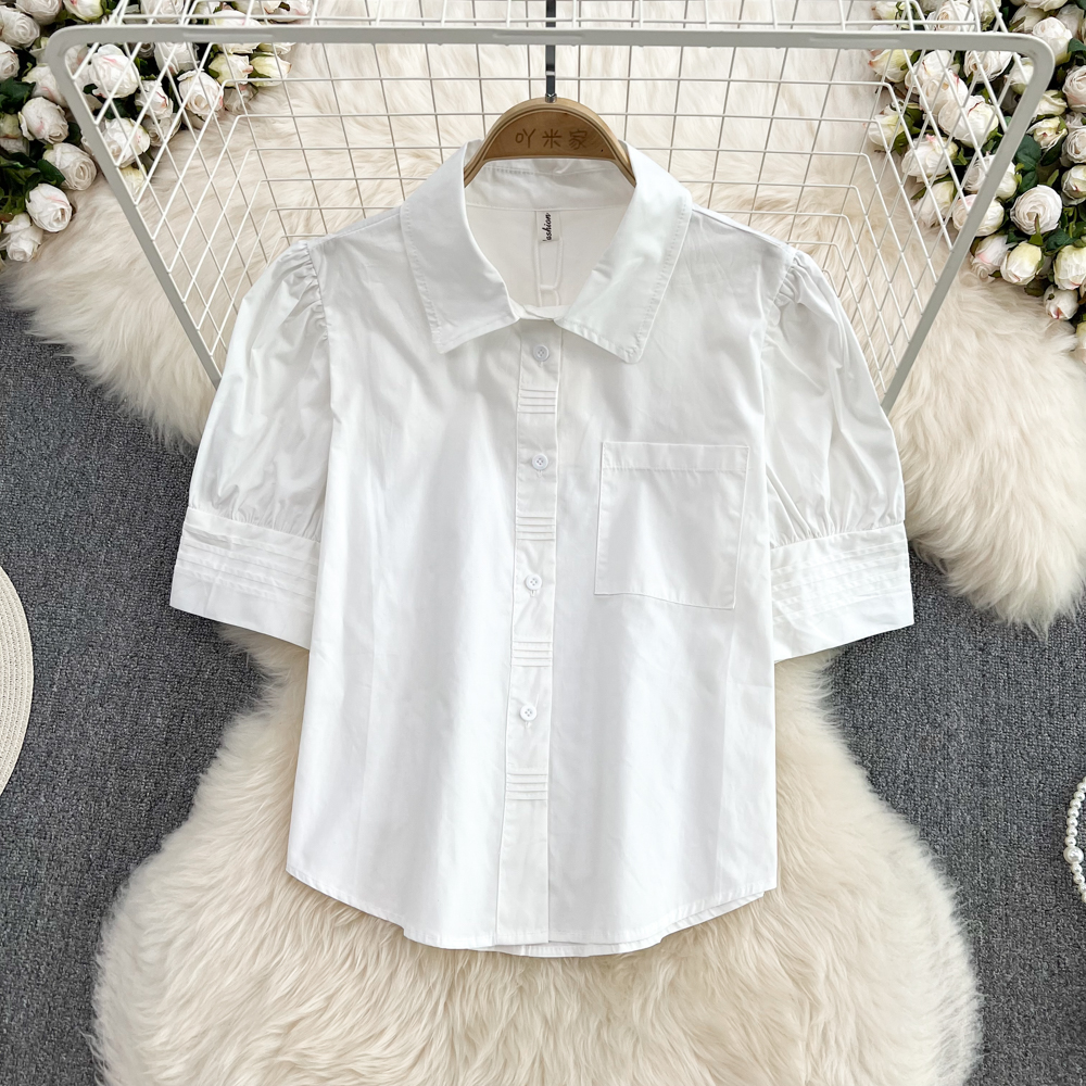 High waist white denim shirt short sleeve bubble dress 2pcs set