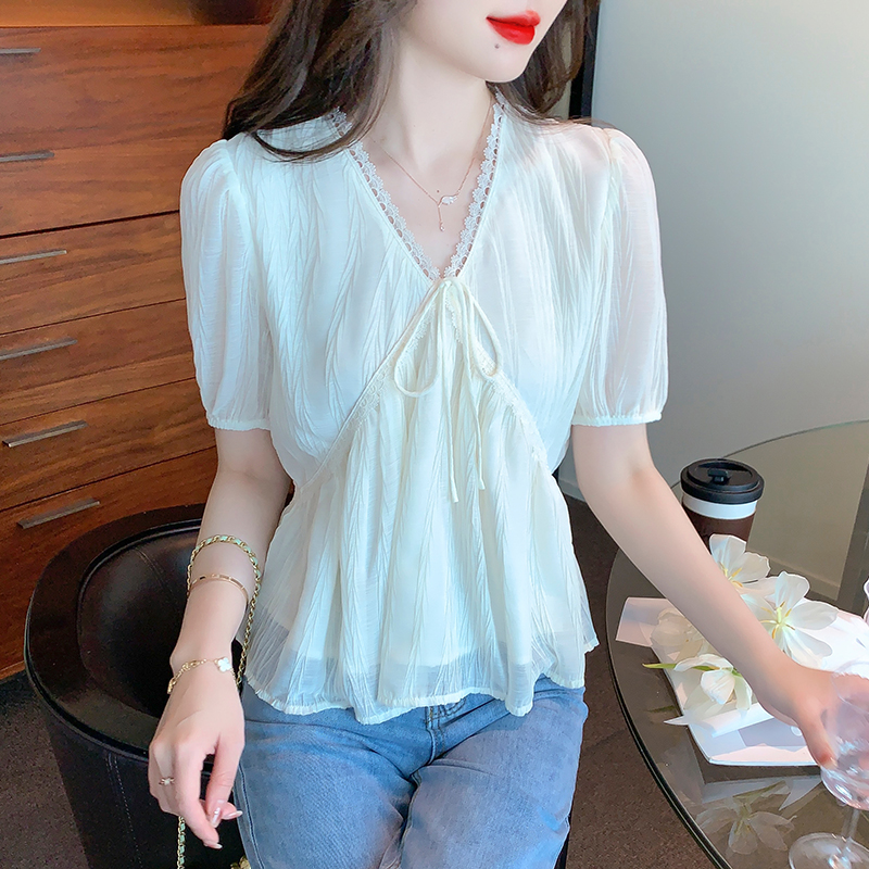 Summer V-neck tops short sleeve Korean style shirt