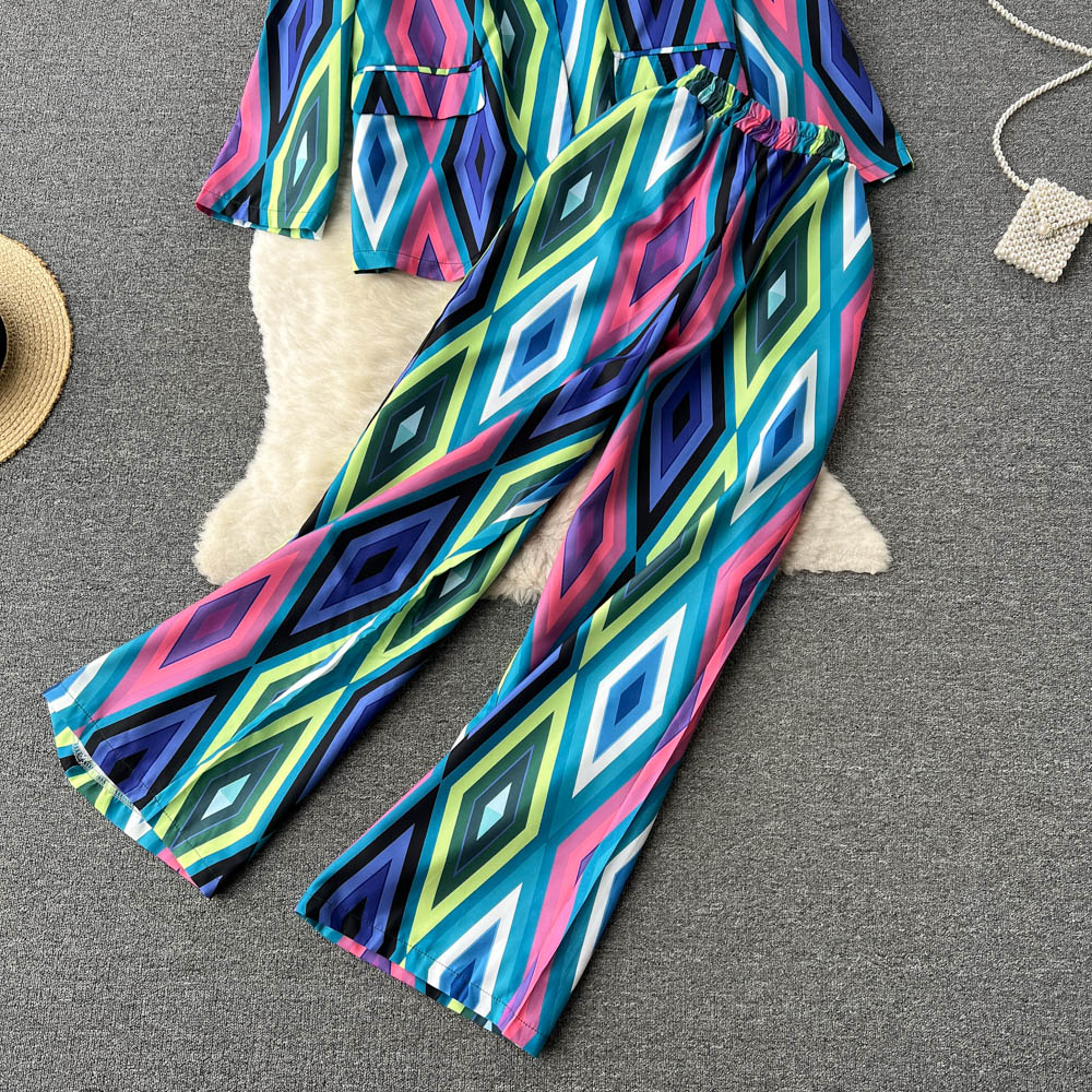 Casual printing coat loose long pants 2pcs set