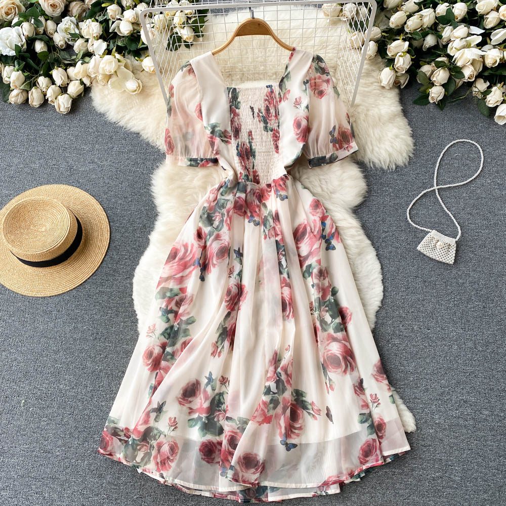 Slim printing puff sleeve summer long dress for women