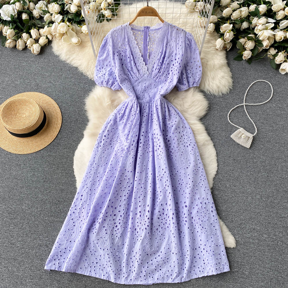 Hollow lace puff sleeve V-neck slim dress for women